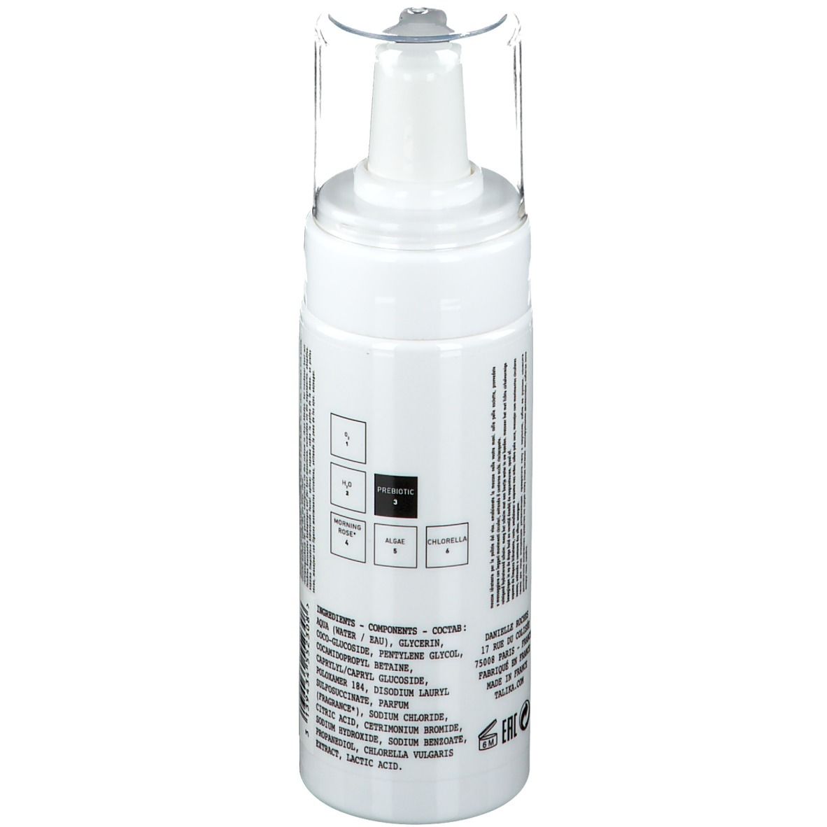 Flacon blanc avec pompe. Inscription : TALIKA Skintelligence Hydra, mousse nettoyante visage. 150ml, 5 fl. oz.