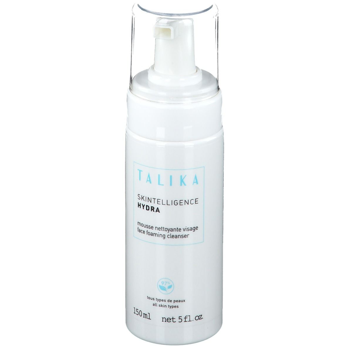 Flacon blanc avec pompe. Inscription : TALIKA Skintelligence Hydra, mousse nettoyante visage. 150ml, 5 fl. oz.