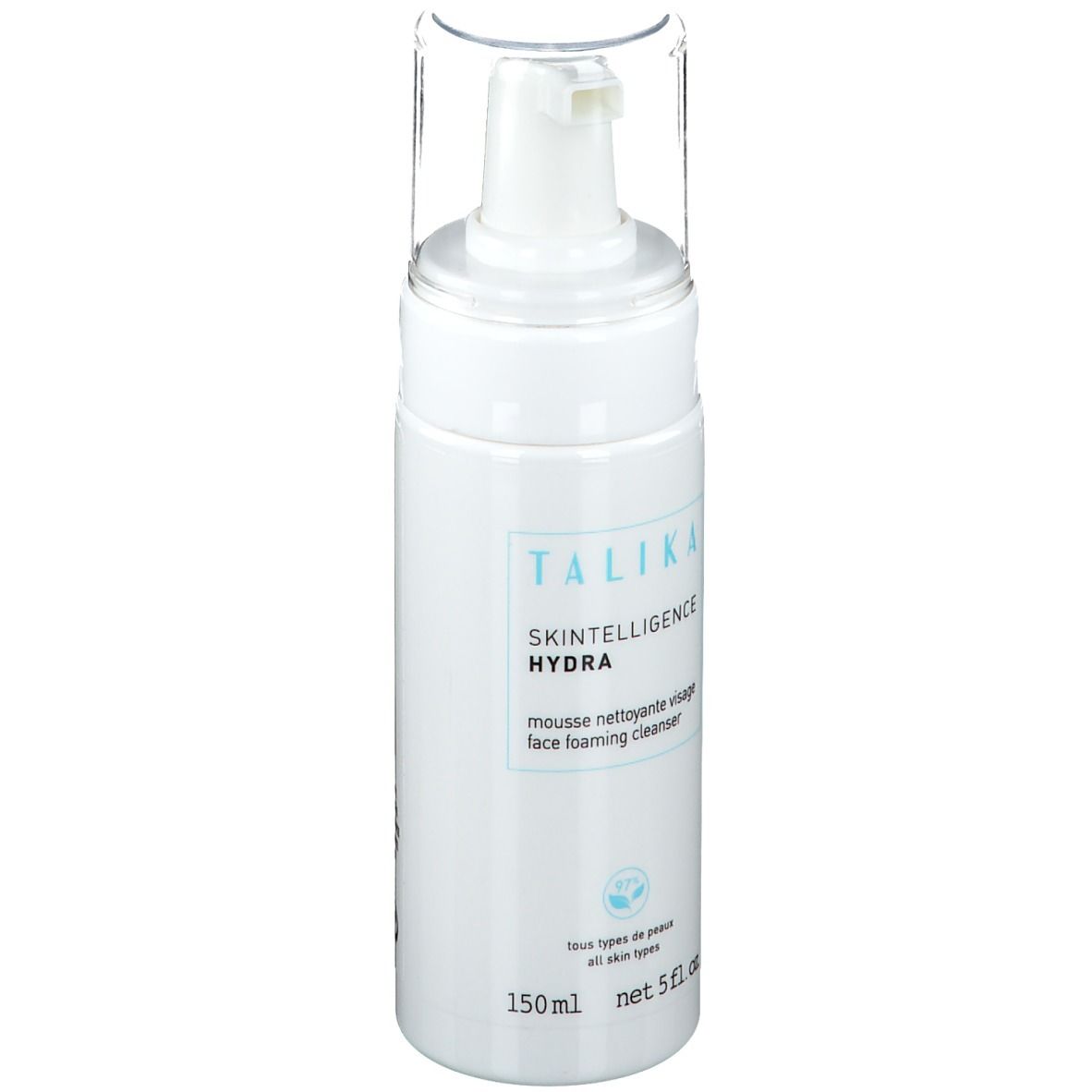 Flacon blanc avec pompe. Inscription : TALIKA Skintelligence Hydra, mousse nettoyante visage. 150ml, 5 fl. oz.