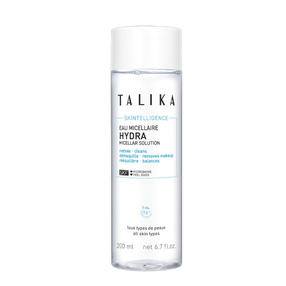TALIKA Skintelligence Hydra Mizellenwasser. Flacon transparent, bouchon blanc. Inscription bleue sur étiquette blanche.