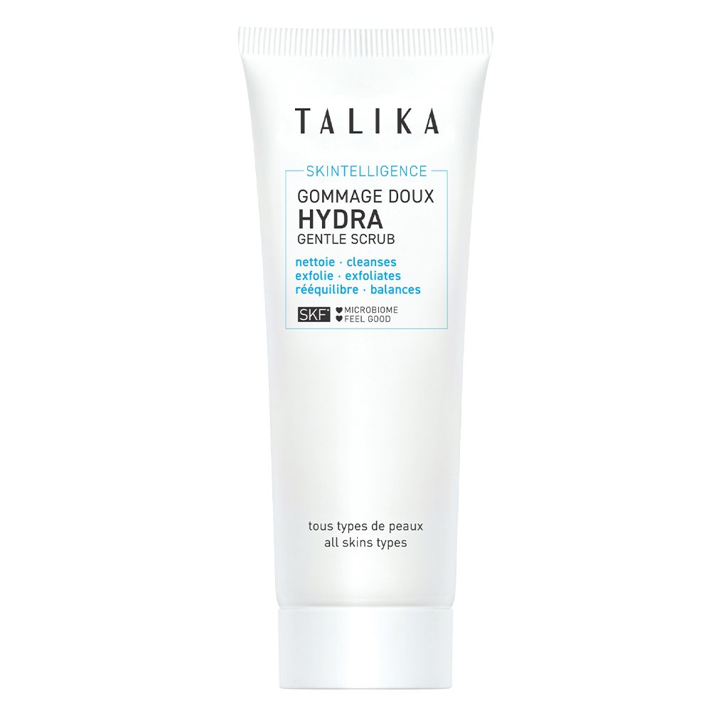 Tube blanc TALIKA. Texte: Skintelligence, gommage doux visage, gentle scrub. Pour tous types de peaux. SKF Microbiome Feel Good.