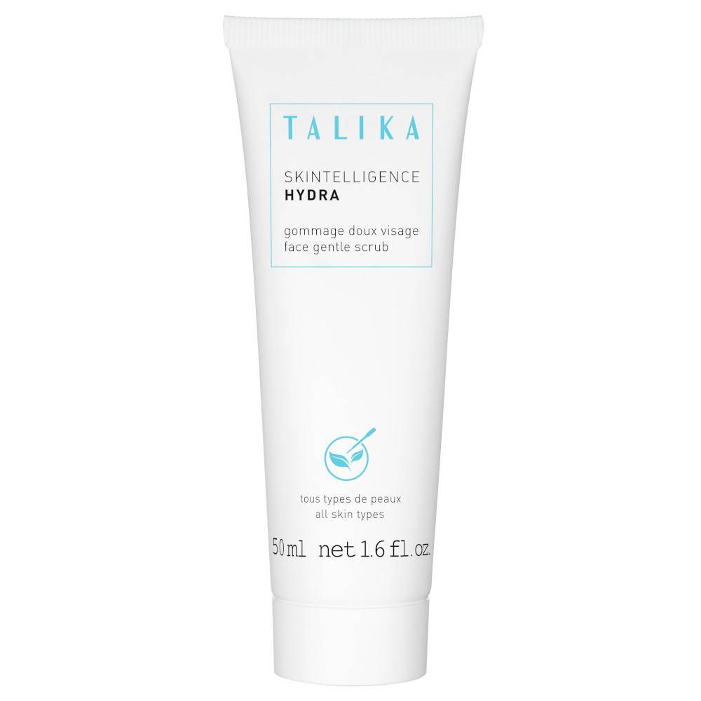 Tube blanc TALIKA. Texte: Skintelligence Hydra, gommage doux visage, face gentle scrub. Ingrédients pour tous types de peaux. 50ml.
