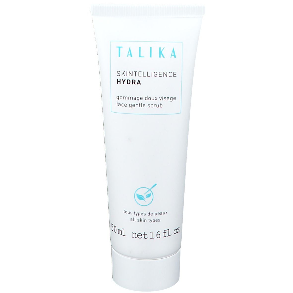 Tube blanc TALIKA. Texte: Skintelligence Hydra, gommage doux visage, face gentle scrub. Ingrédients pour tous types de peaux. 50ml.
