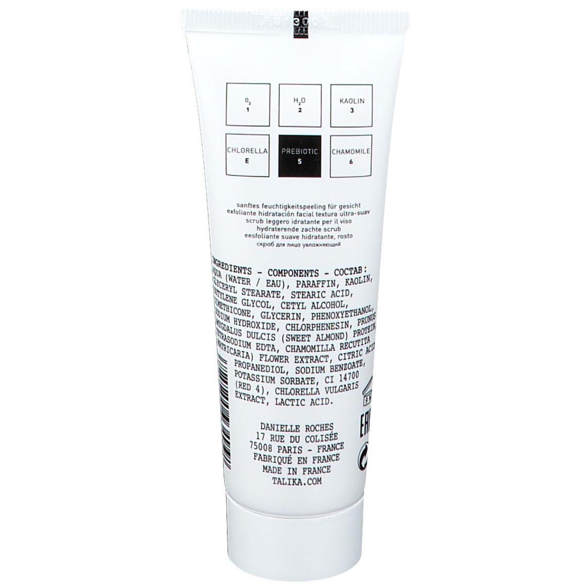 Dos du tube blanc. Texte: Ingrédients, Prébiotique, Chlorella, Camomille. Adresse du fabricant: Danielle Roches, Paris. Fabriqué en France.