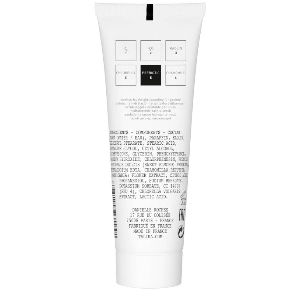 Dos du tube blanc. Texte: Ingrédients, Prébiotique, Chlorella, Camomille. Adresse du fabricant: Danielle Roches, Paris. Fabriqué en France.
