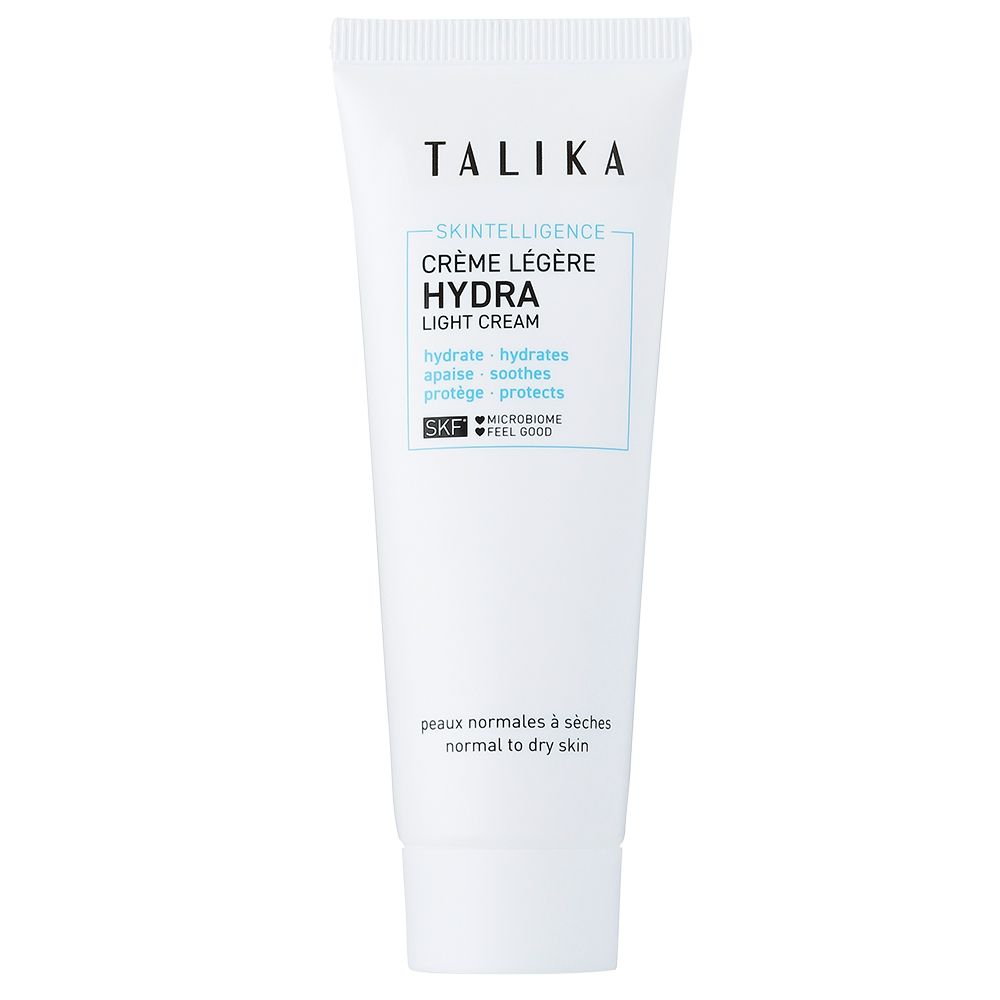 Tube blanc avec informations produit. Texte: "TALIKA", "SKINTELLIGENCE HYDRA", crème.