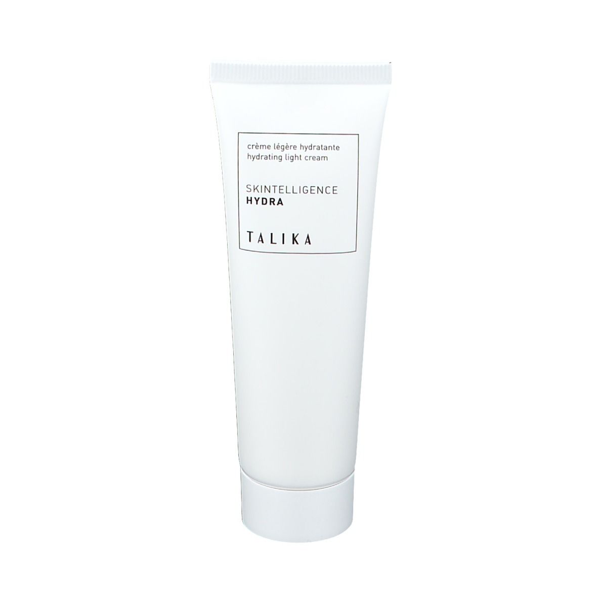 Weiße Tube mit Produktinformationen. Text: "TALIKA", "SKINTELLIGENCE HYDRA", Creme.