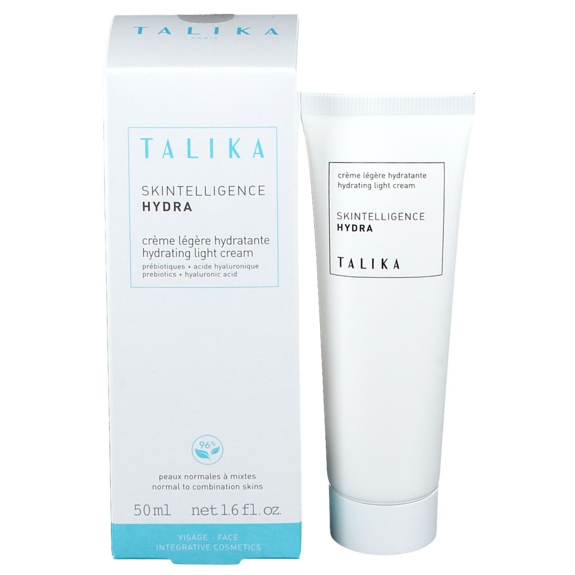 Weiße Verpackung mit Tube. Text: "TALIKA", "SKINTELLIGENCE HYDRA", Creme. 50 ml.