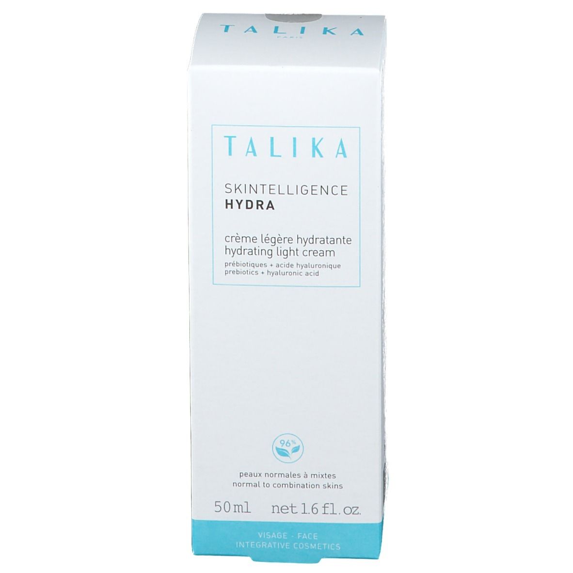 Weiße Verpackung mit Produktinformationen. Text: "TALIKA", "SKINTELLIGENCE HYDRA", Creme. 50 ml.