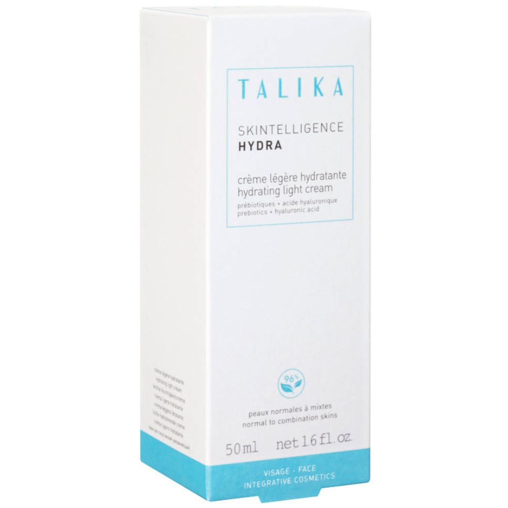 Weiße Verpackung mit Produktinformationen. Text: "TALIKA", "SKINTELLIGENCE HYDRA", Creme.