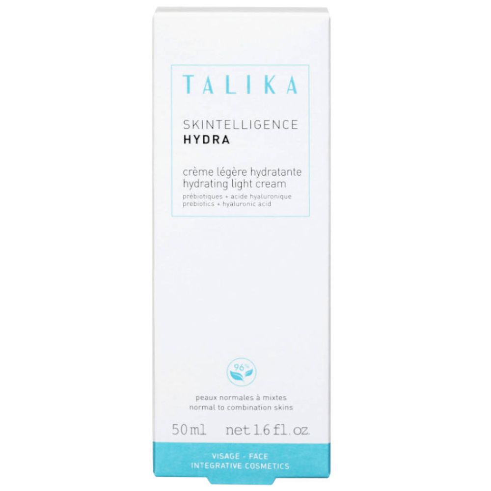Weiße Verpackung mit Produktinformationen. Text: "TALIKA", "SKINTELLIGENCE HYDRA", Creme.