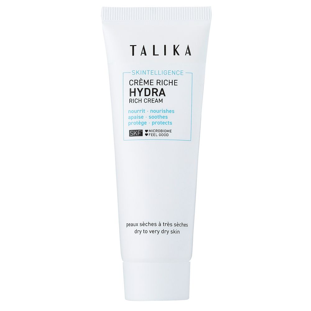 Tube blanc avec texte : SKINTELLIGENCE CRÈME RICHE HYDRA RICH CREAM. Pour peaux sèches.