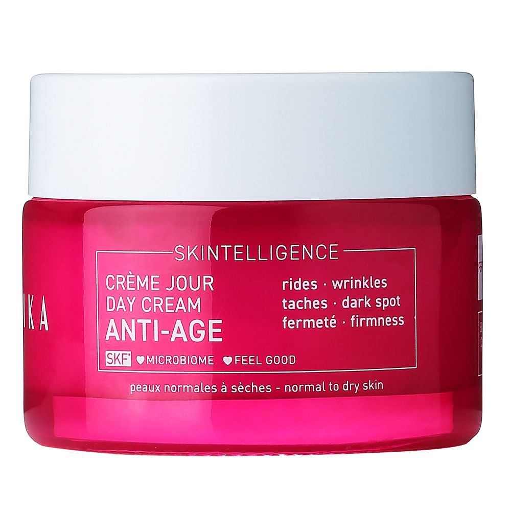 Pot rose. Texte: Skintelligence, Crème Jour Anti-Age. Pour peaux normales à sèches.