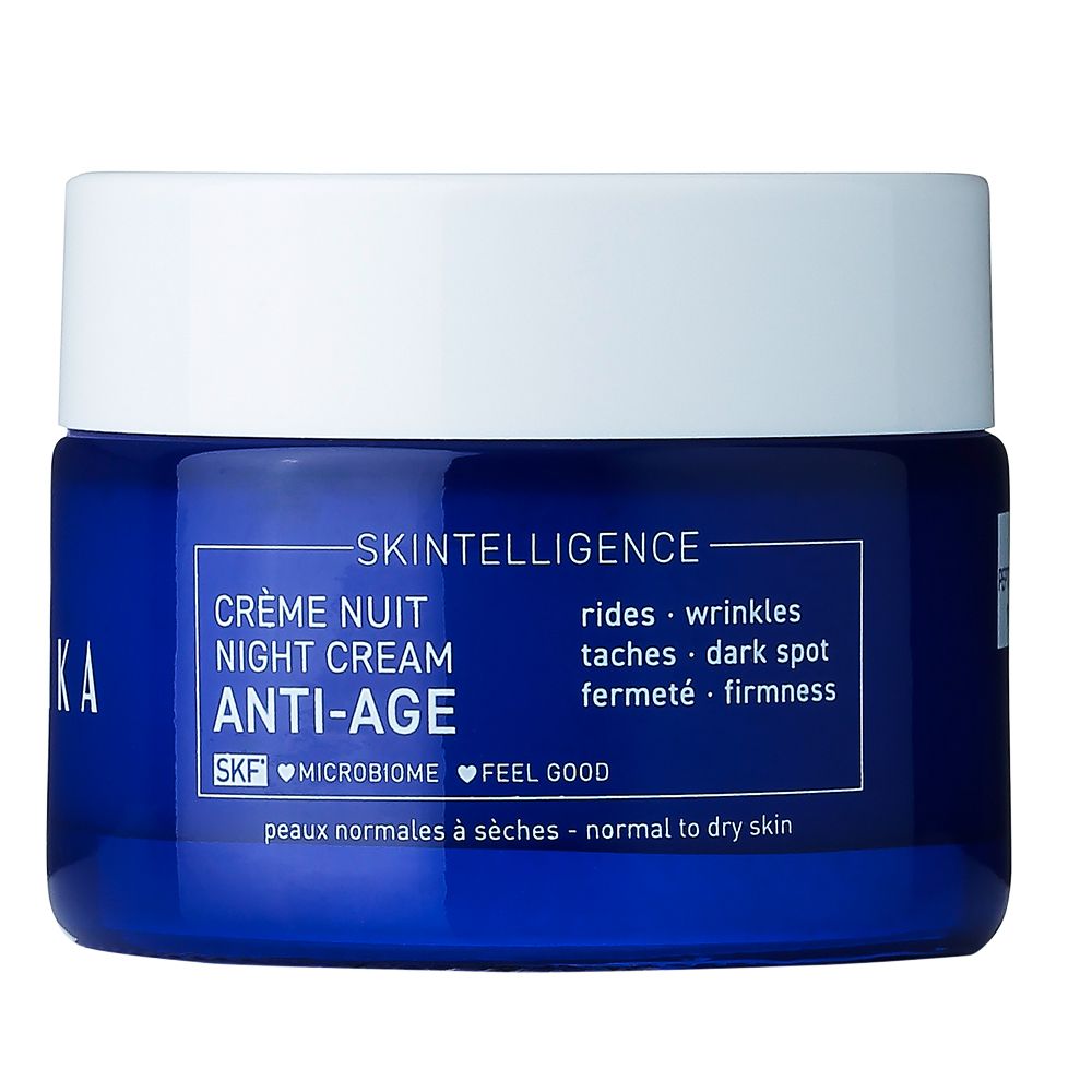 Pot bleu. Inscription : Skintelligence, Crème Nuit Anti-Age. Pour peaux normales à sèches.