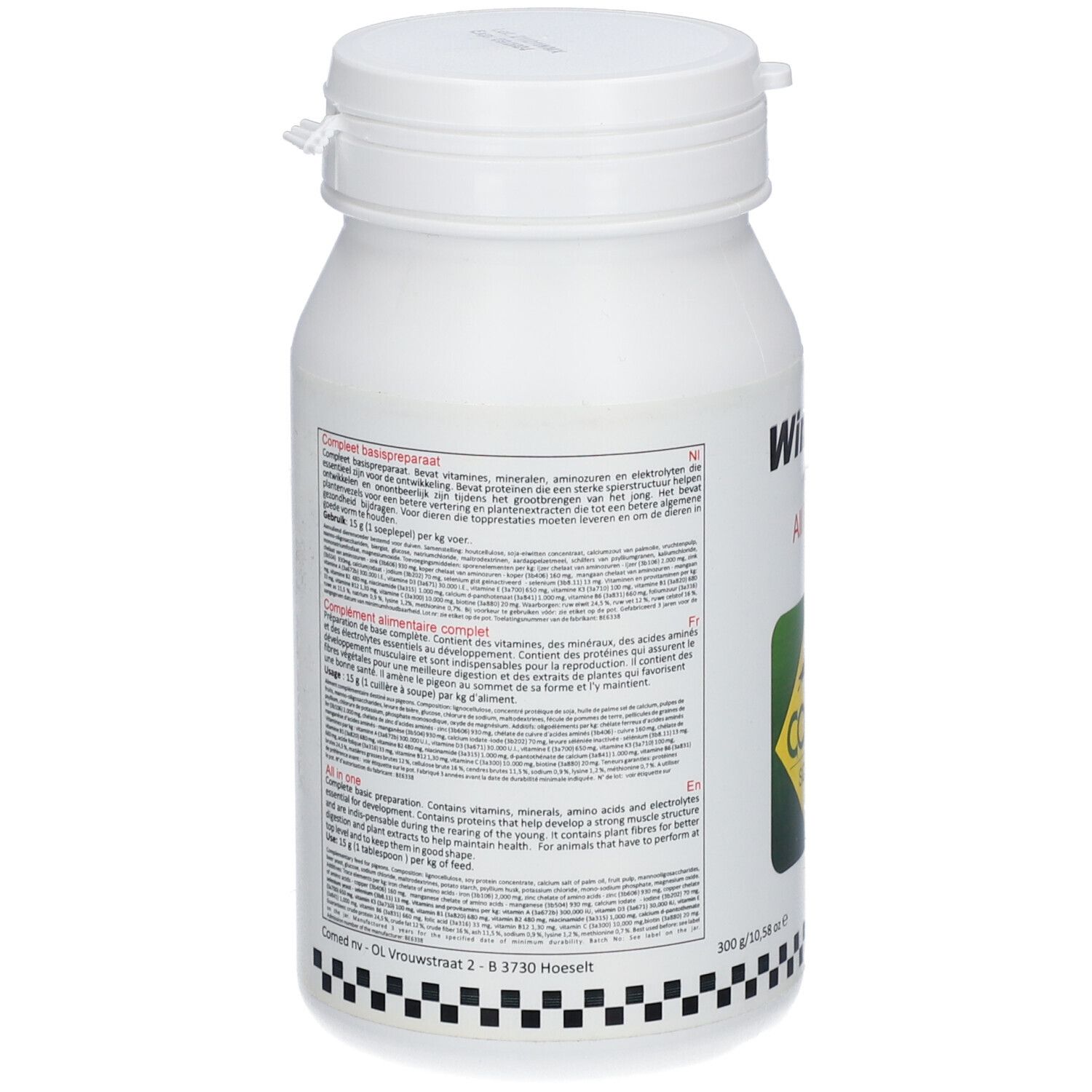 Rückseite der weißen Flasche. Text in mehreren Sprachen. Enthält Informationen über Inhaltsstoffe und Hersteller.