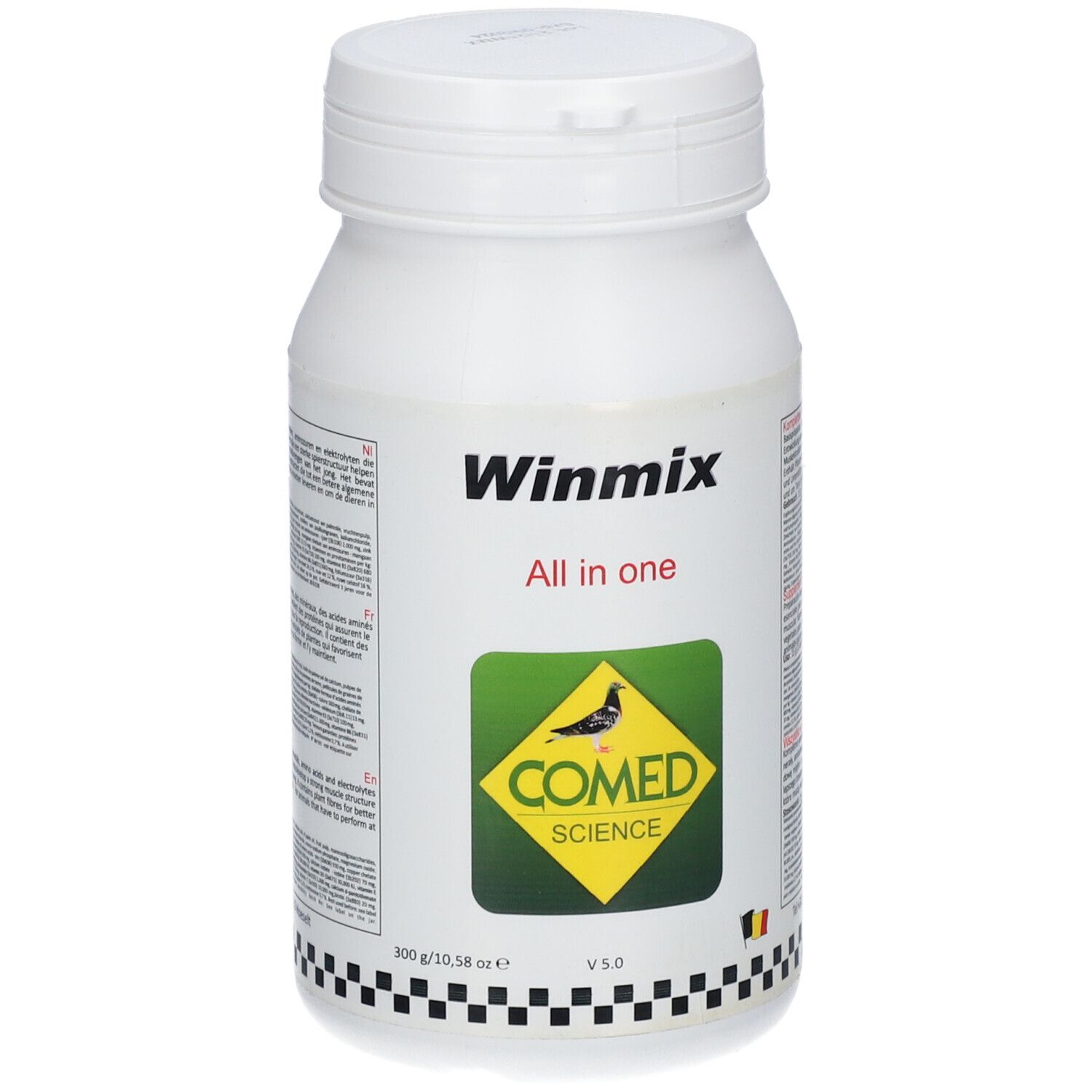 Weiße Flasche mit Winmix-Etikett. Enthält ein grünes Logo mit einem Vogel und dem Text COMED SCIENCE. V.5.0.