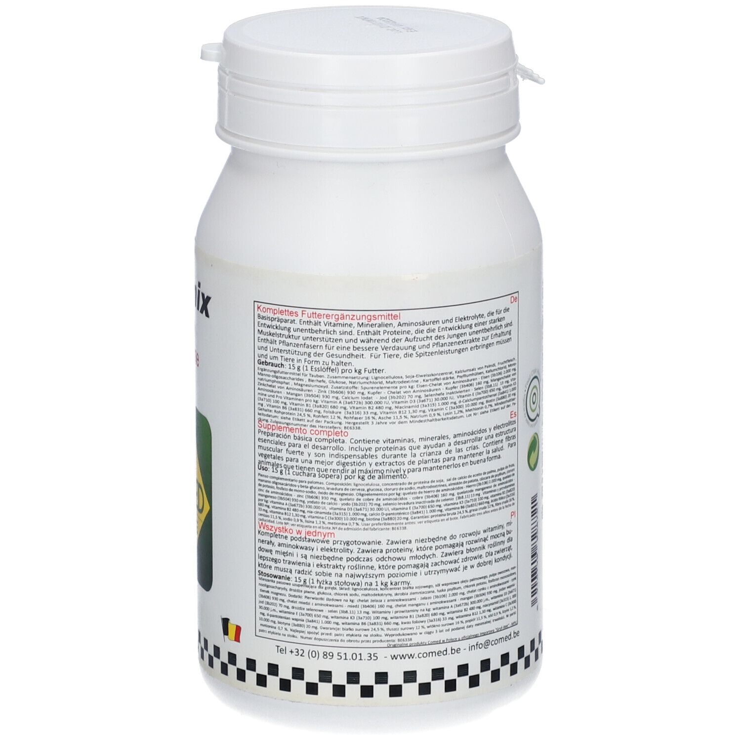 Rückseite der weißen Flasche. Text in mehreren Sprachen. Enthält Informationen über Inhaltsstoffe und Hersteller.