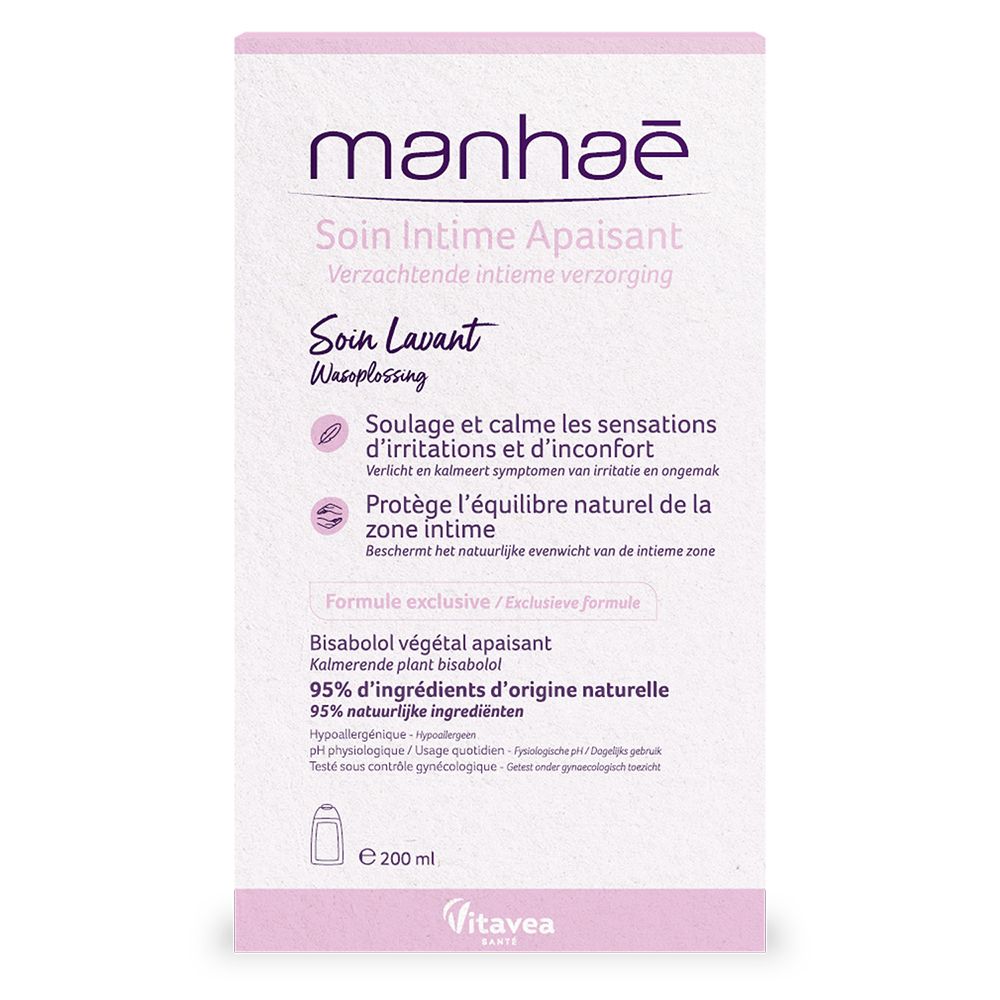 Emballage manhaé Soin Intime Apaisant. Blanc et lilas. Texte: Soin Intime Apaisant, 95% ingrédients naturels.