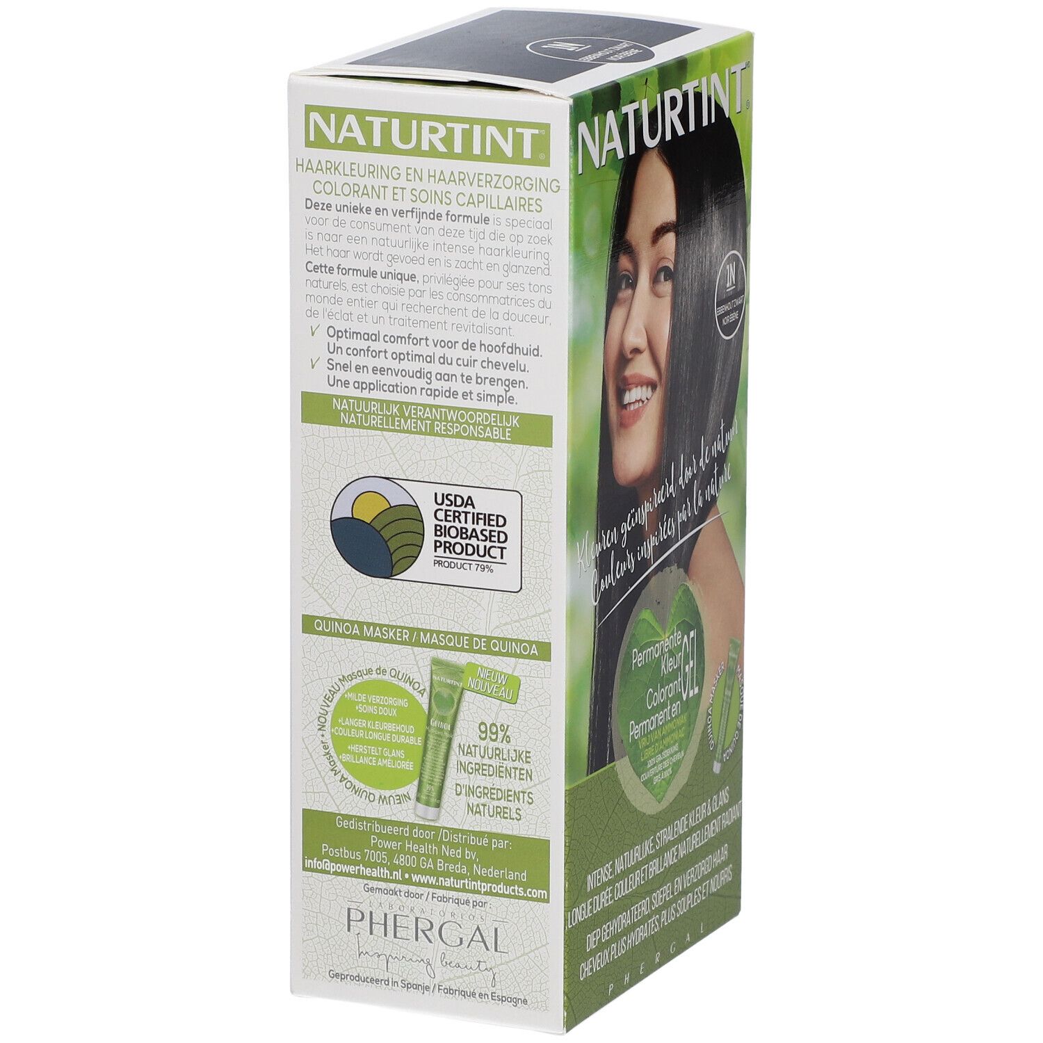 Côté de l'emballage de NATURTINT® 1N Ébène Noir. Texte et illustration du produit.