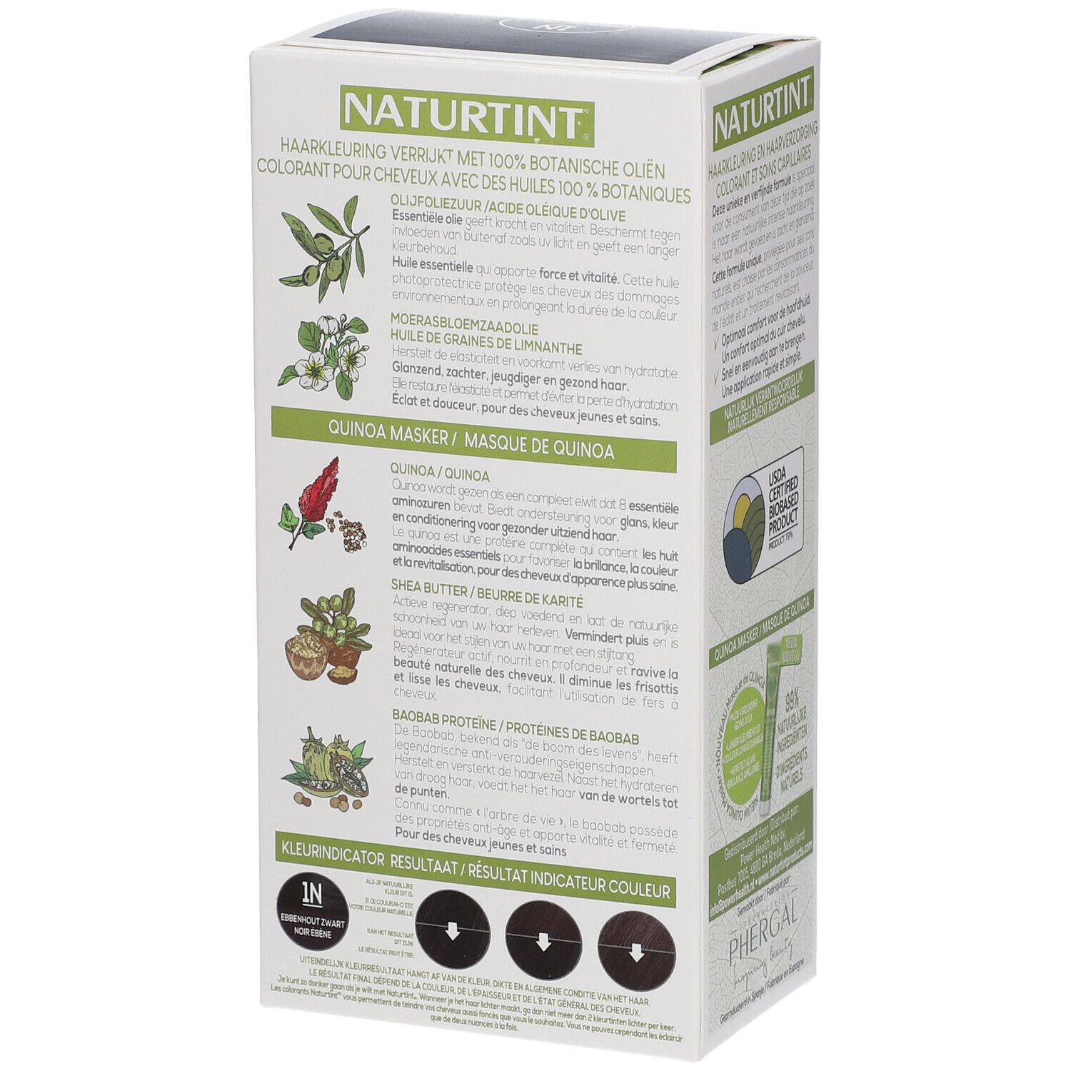 Dos de l'emballage de NATURTINT® 1N Ébène Noir. Texte et illustrations des ingrédients et des avantages du produit.