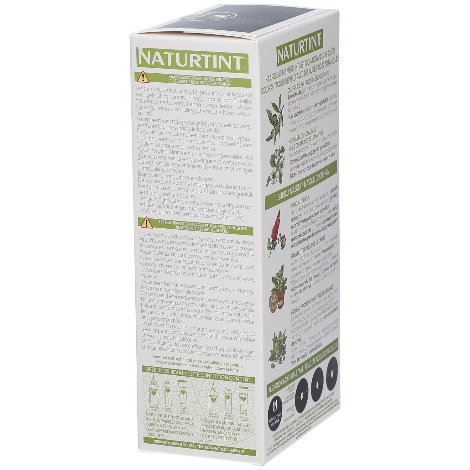 Côté de l'emballage de NATURTINT® 1N Ébène Noir. Texte et illustrations des ingrédients et des avantages du produit.