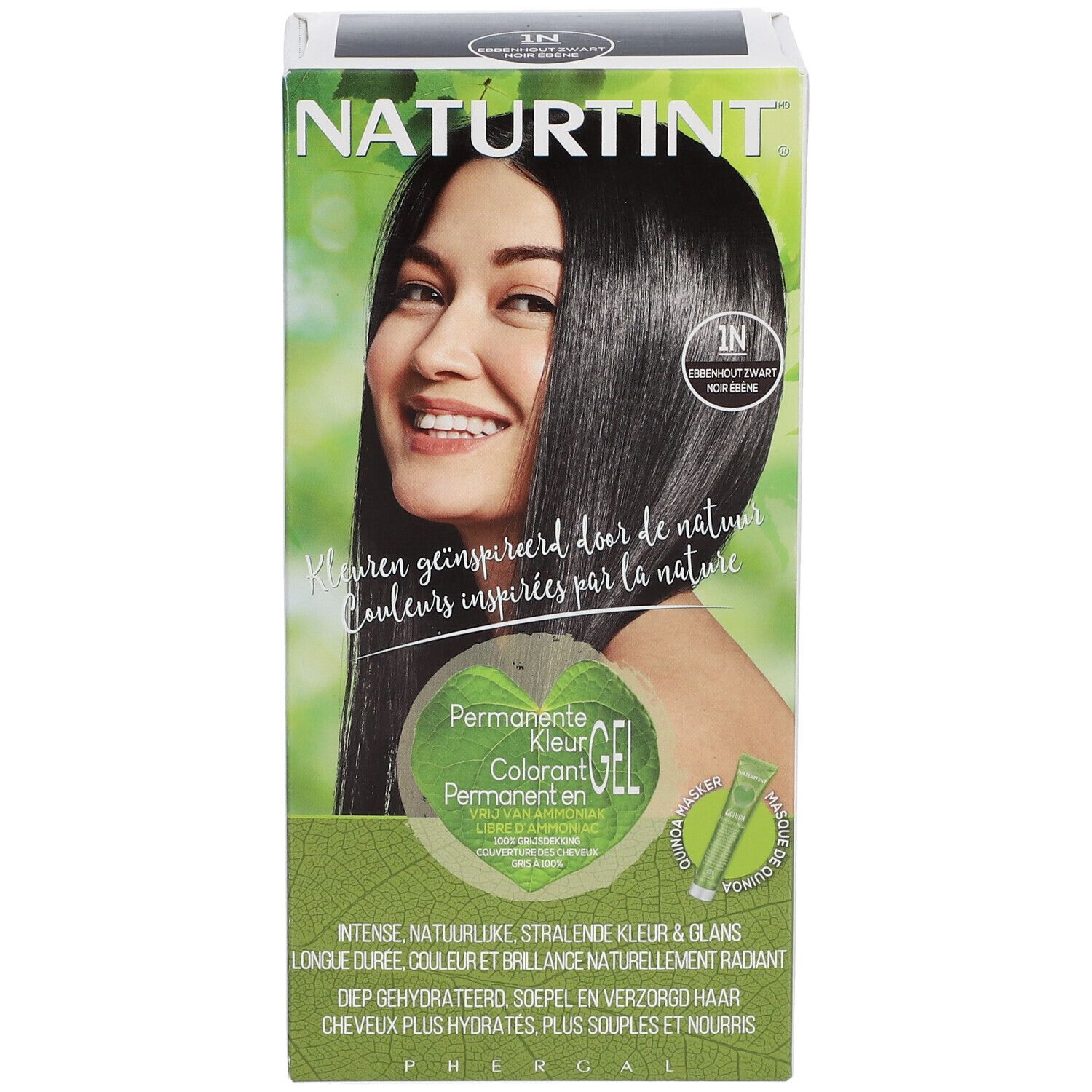 Emballage de NATURTINT® 1N Ébène Noir. Femme aux cheveux noirs. Emballage vert et blanc avec informations sur le produit.