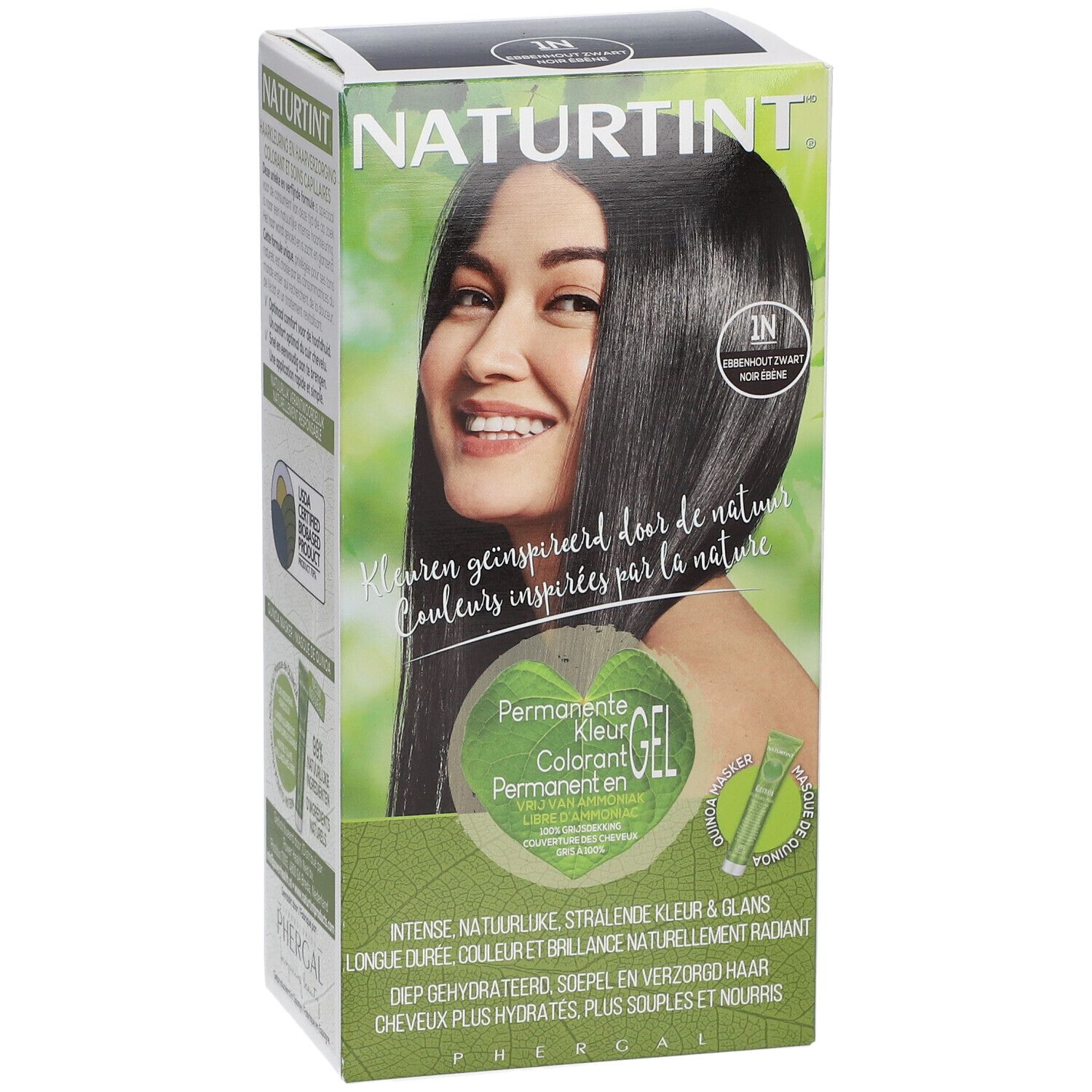 Emballage de NATURTINT® 1N Ébène Noir. Femme aux cheveux noirs. Emballage vert et blanc avec informations sur le produit.