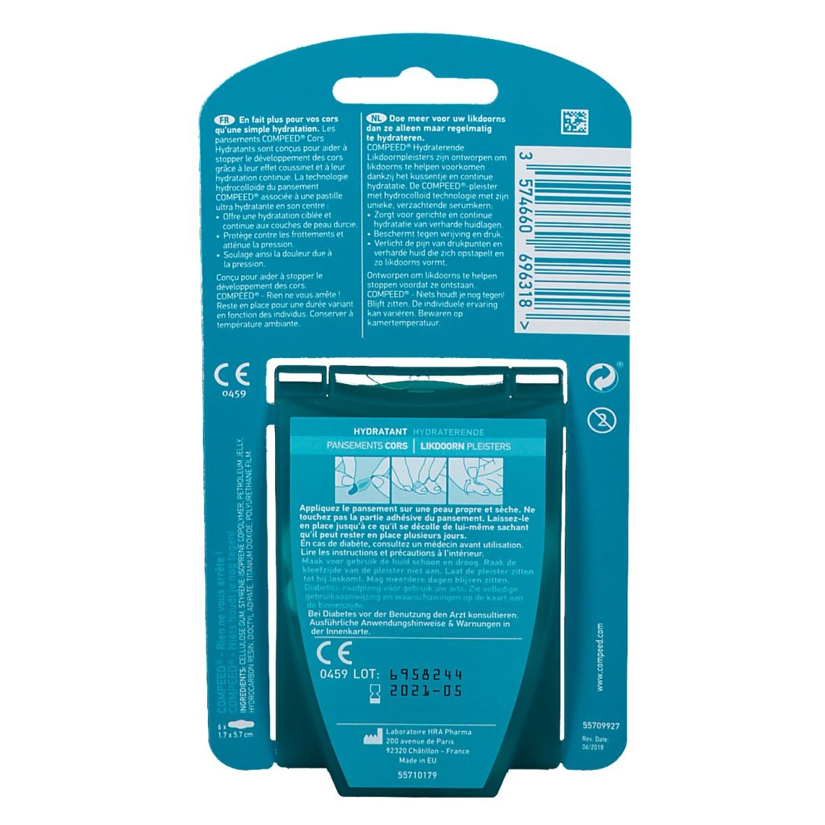 Dos de l'emballage avec informations sur les Compeed® Pansements Cors Hydratants Medium. Texte et illustrations.