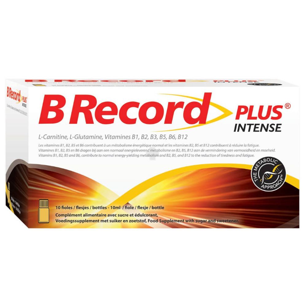 Verpakking van BRecord Plus Intense. Bevat 10 flesjes. Opschrift: L-Carnitine, L-Glutamine, Vitaminen B1, B2, B3, B5, B6, B12.