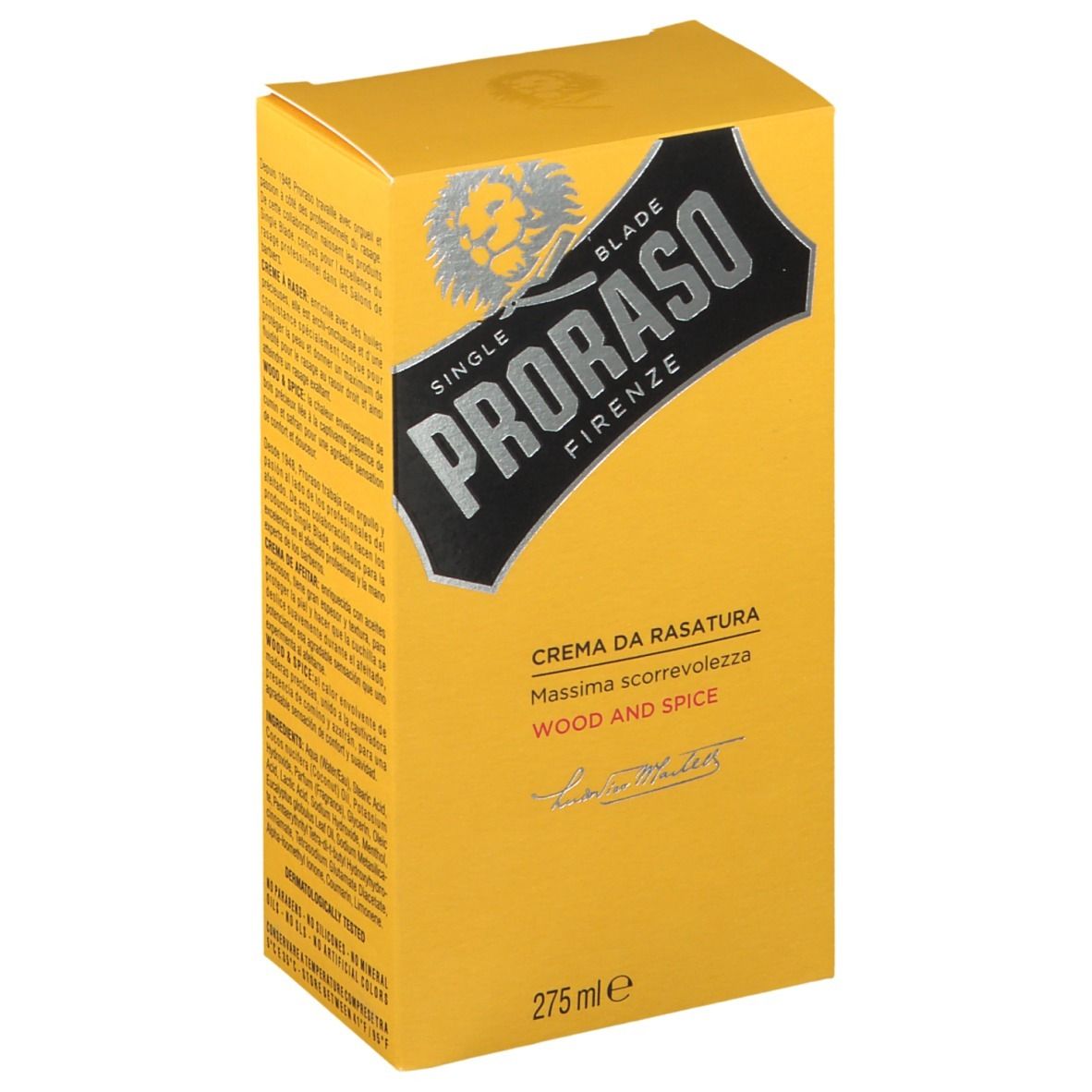 Gele doos Proraso scheercrème. Opschrift: Wood & Spice, 275 ml. Logo: Leeuw.
