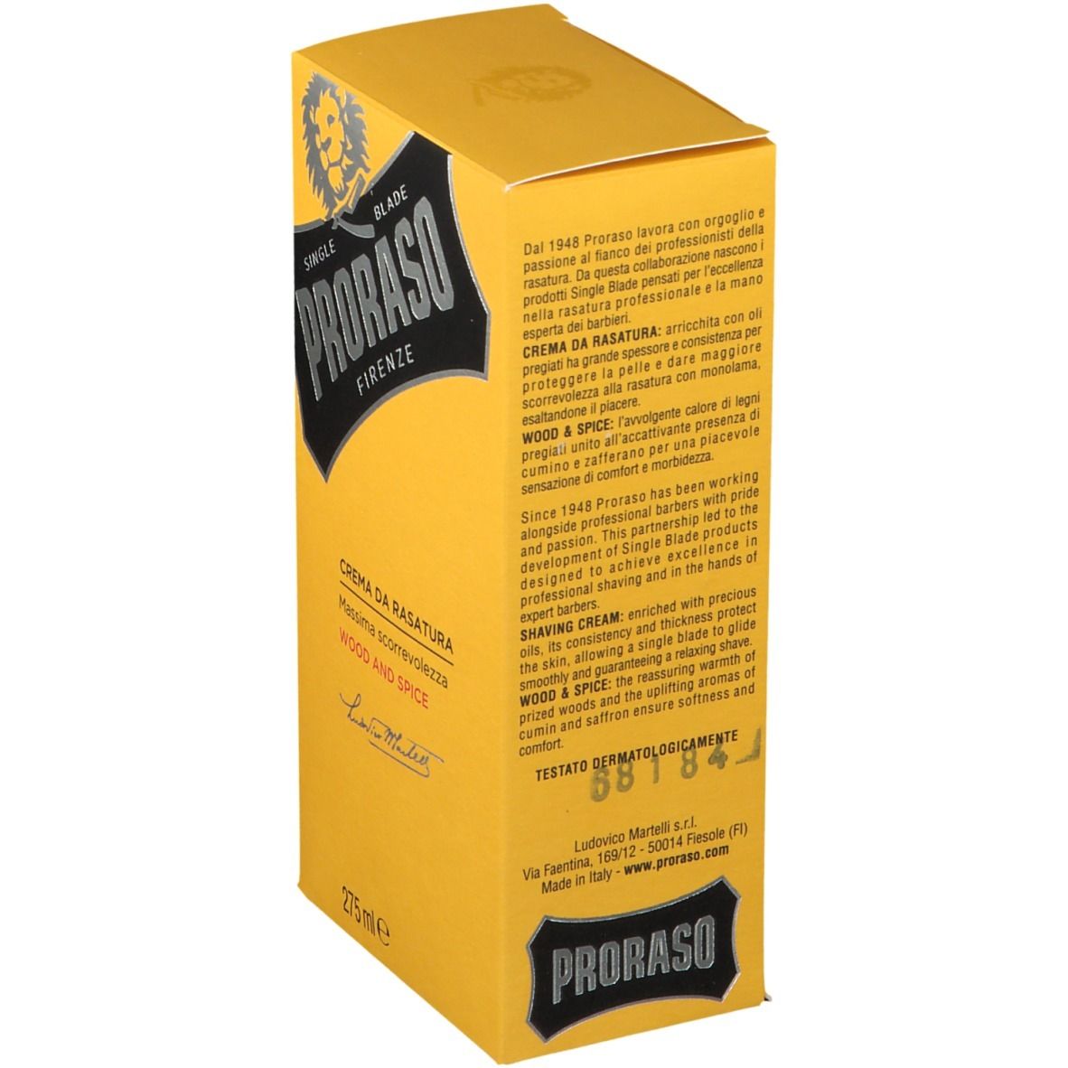 Gele doos Proraso scheercrème. Tekst en logo: Wood & Spice, 275 ml, Leeuw. Tekst op achterkant.