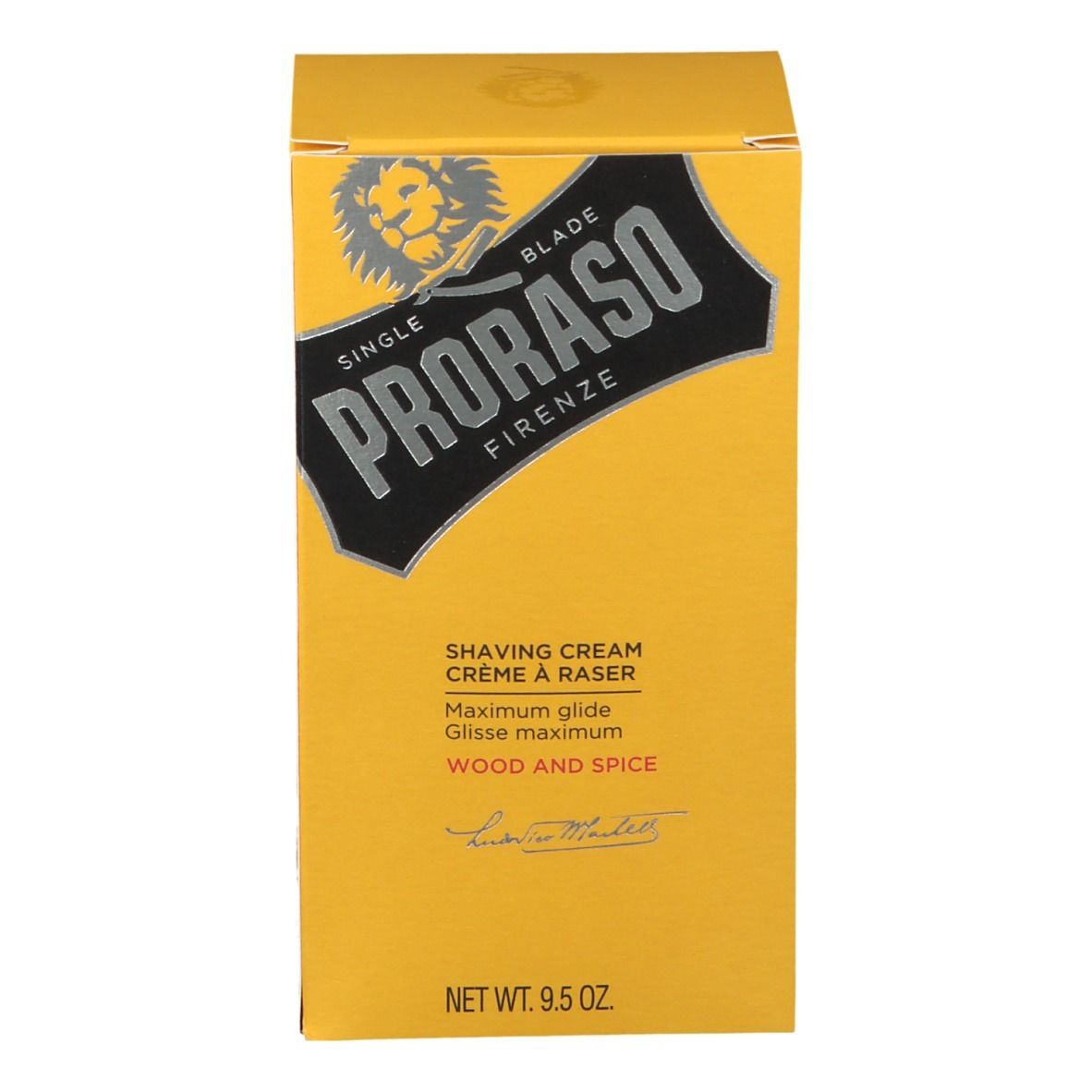 Gele doos Proraso scheercrème. Opschrift: Wood & Spice, 9.5 oz. Logo: Leeuw.