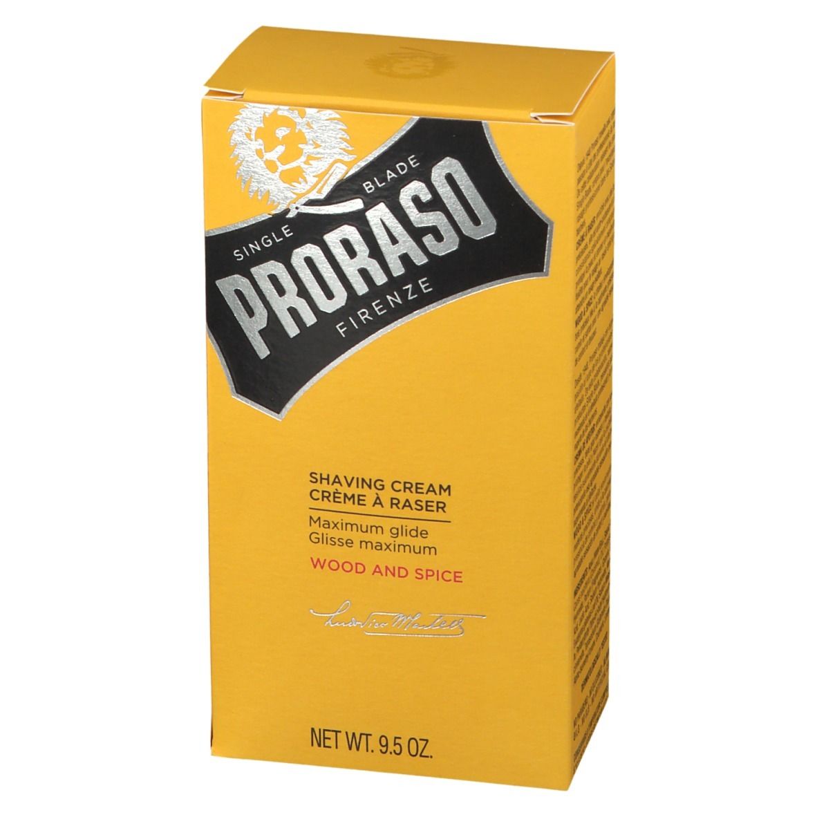 Gele doos Proraso scheercrème. Opschrift: Wood & Spice, 9.5 oz. Logo: Leeuw.