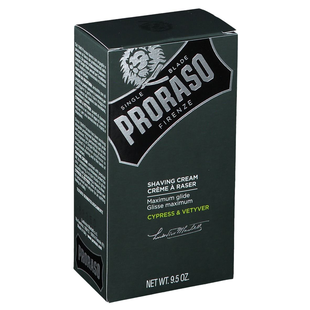 Donkergroene doos. Opschrift PRORASO, scheercrème, Cipres & Vetiver. Zilveren logo met leeuwenkop. Netto 9,5 oz.