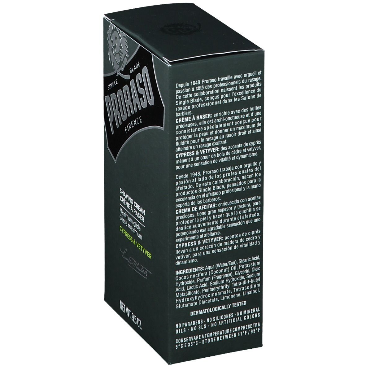 Donkergroene doos. Meertalige tekst. Opschrift PRORASO, scheercrème, Cipres & Vetiver. Ingrediënten. Dermatologisch getest.