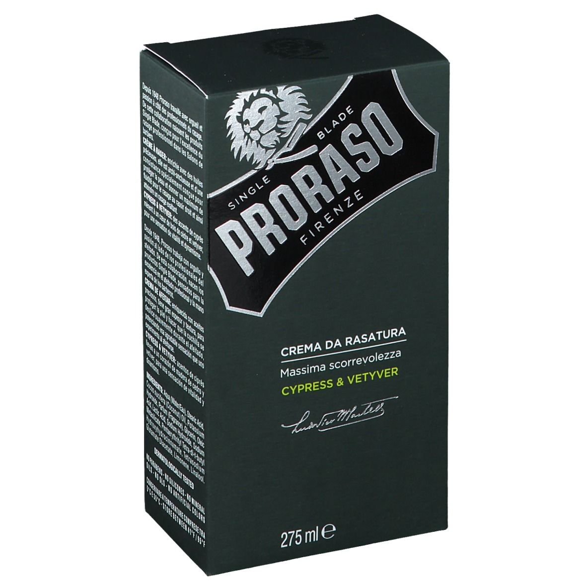 Donkergroene doos. Opschrift PRORASO, scheercrème, Cipres & Vetiver. Zilveren logo met leeuwenkop. 275 ml.