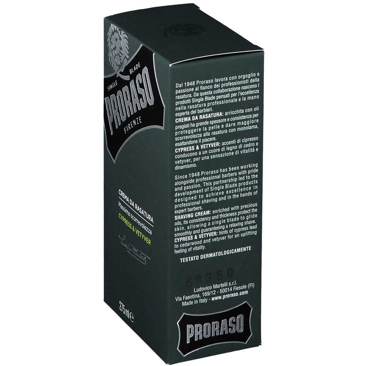Donkergroene doos. Meertalige tekst. Opschrift PRORASO, scheercrème, Cipres & Vetiver. 275 ml. Dermatologisch getest.