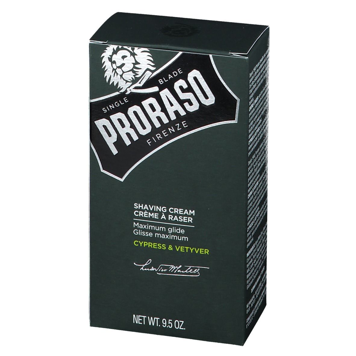 Donkergroene doos. Opschrift PRORASO, scheercrème, Cipres & Vetiver. Zilveren logo met leeuwenkop. Netto 9,5 oz.