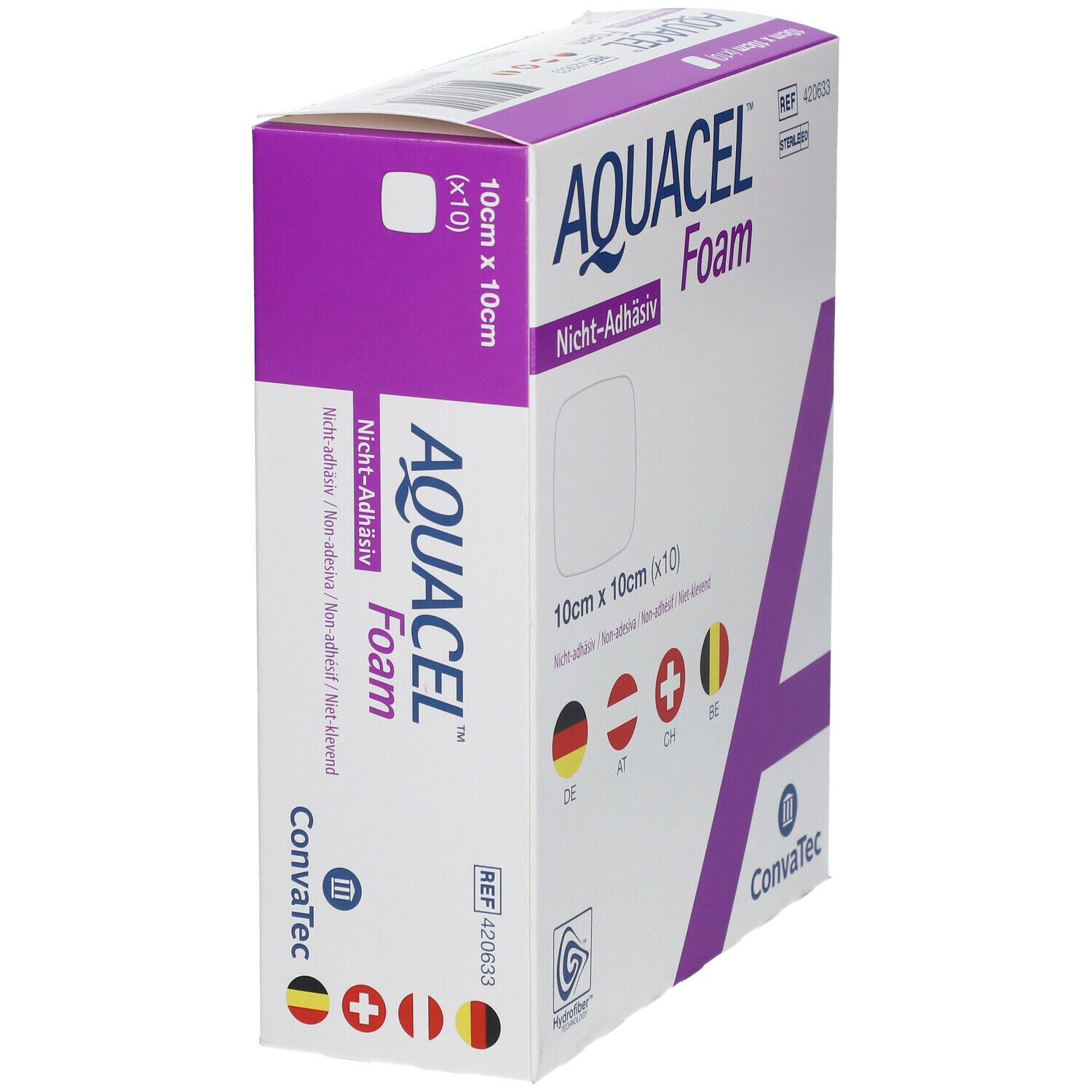 AQUACEL Foam verpakking, 10x10 cm, niet-klevend. Met vlaggen en ConvaTec logo. Steriel.