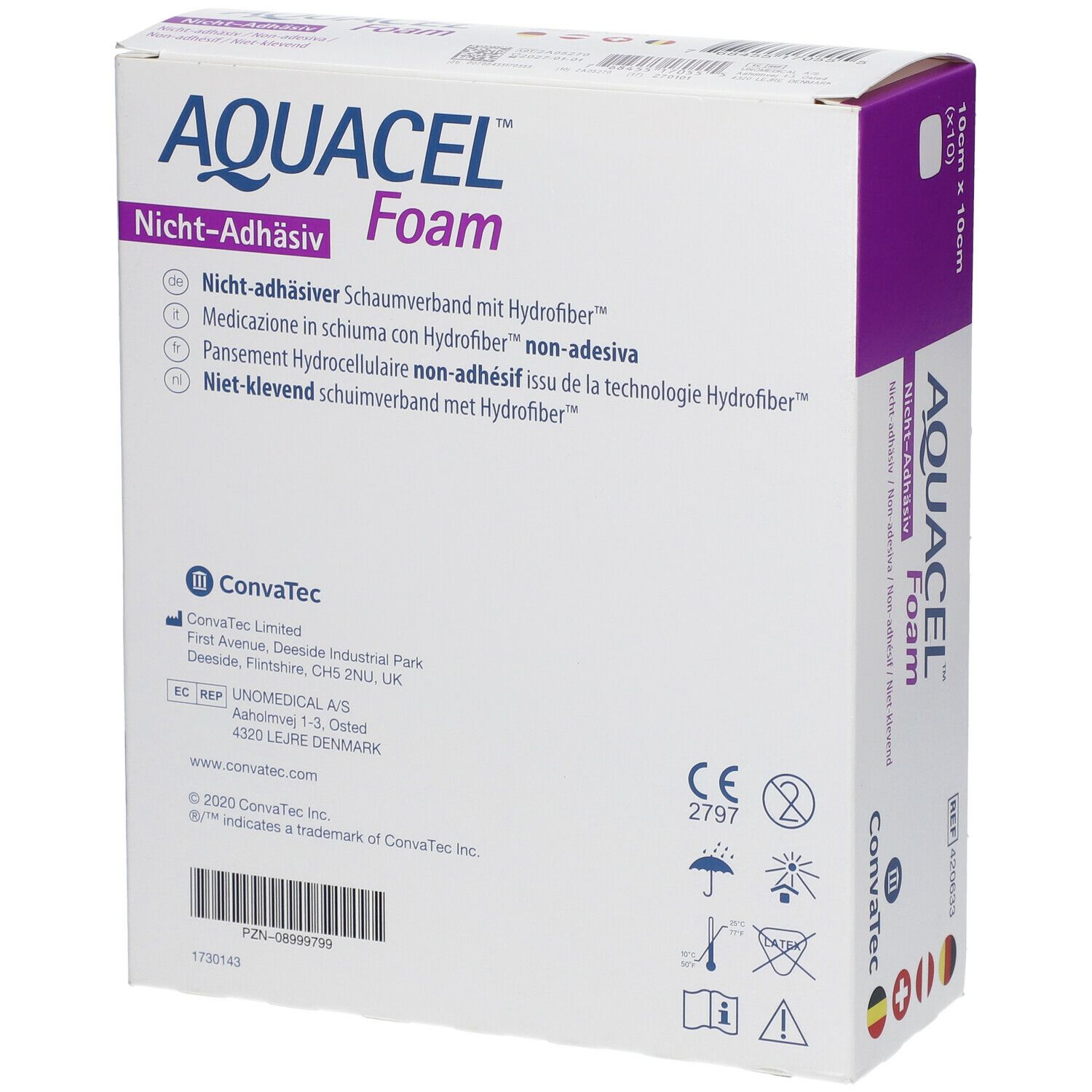AQUACEL Foam verpakking. Tekst: Niet-klevend. Met CE-markering en ConvaTec logo. Meertalige beschrijving.