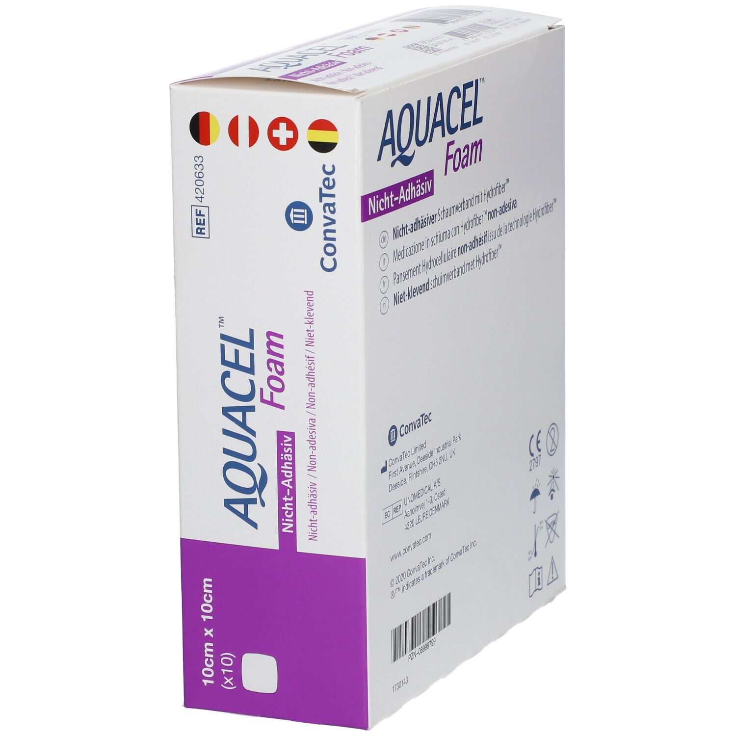 AQUACEL Foam verpakking, 10x10 cm, niet-klevend. Met vlaggen en ConvaTec logo. Steriel.