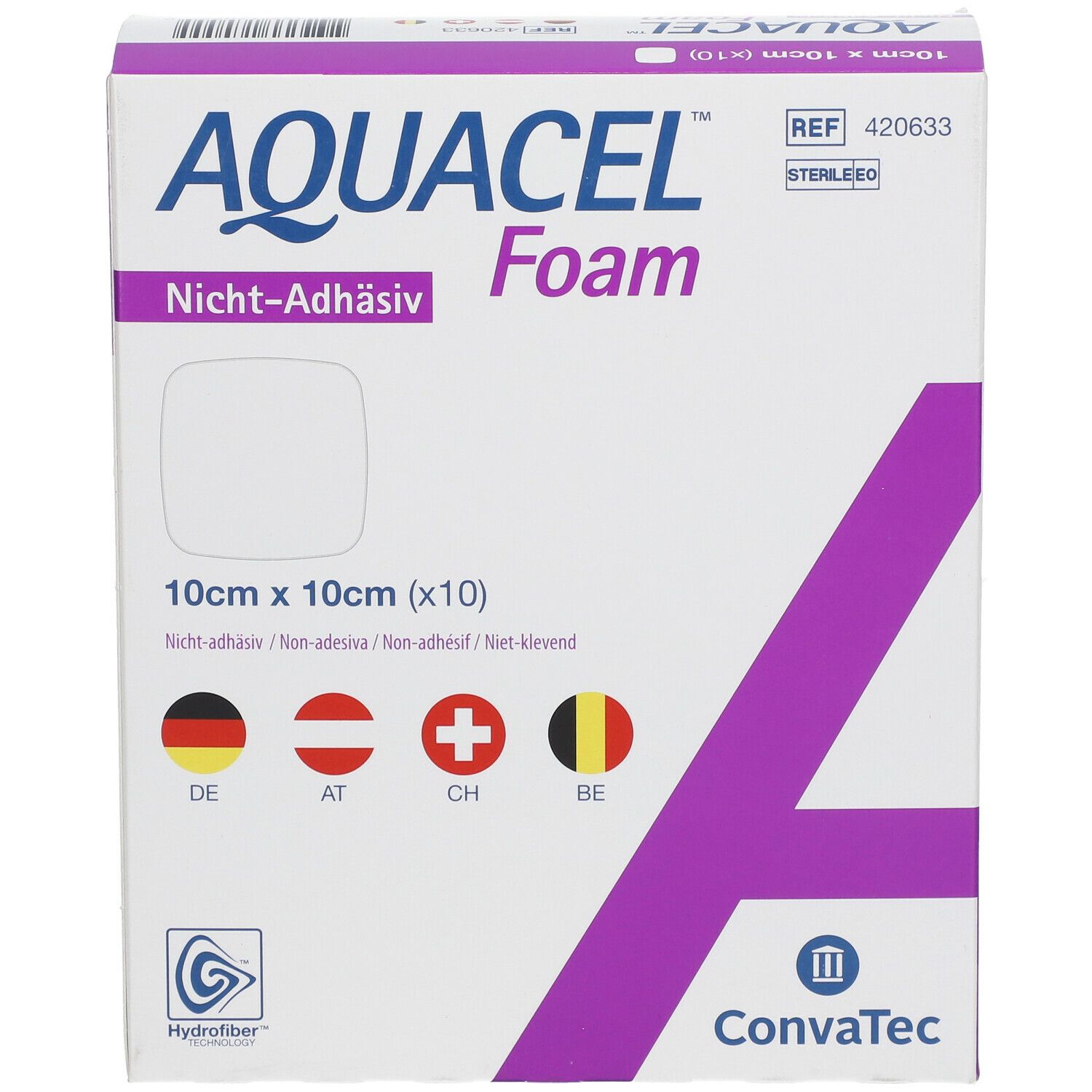 AQUACEL Foam verpakking. 10x10 cm, niet-klevend. Met vlaggen en ConvaTec logo. Steriel.
