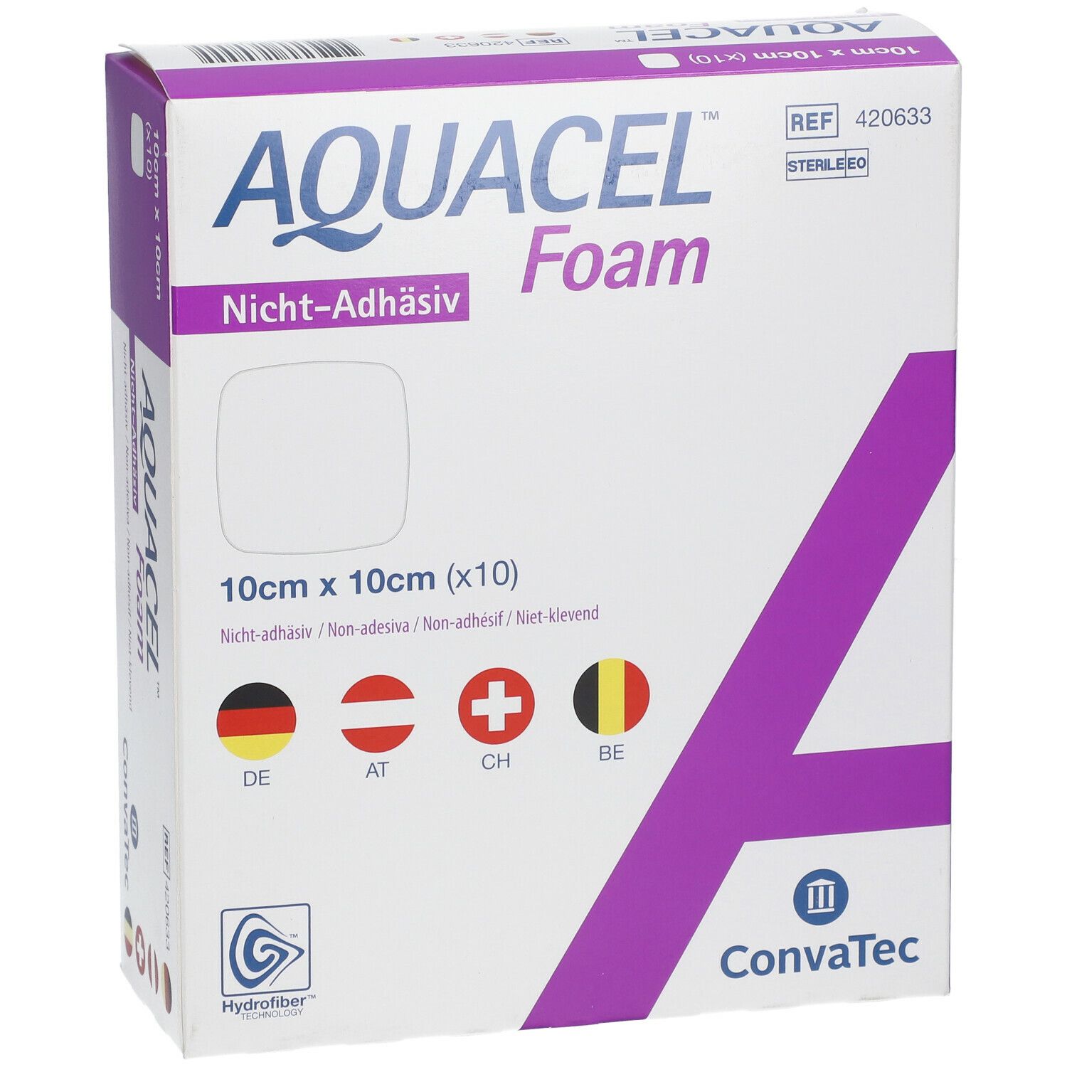 AQUACEL Foam verpakking. 10x10 cm, niet-klevend. Met vlaggen en ConvaTec logo. Steriel.