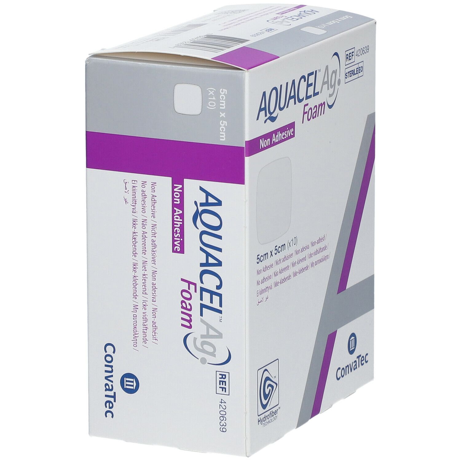 Verpakking Aquacel Ag Foam, niet-klevend. Vierkant 5x5cm. Merk en productnaam zichtbaar.