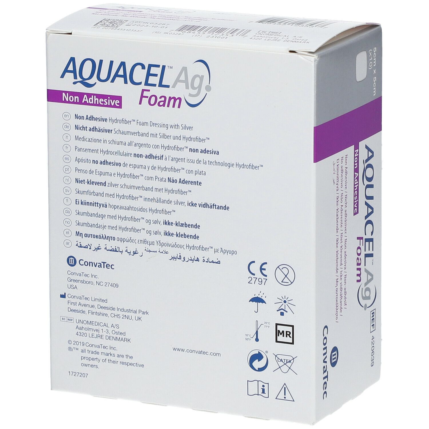 Verpakking Aquacel Ag Foam, niet-klevend. 5x5cm. Merk en productnaam zichtbaar. Pictogrammen.