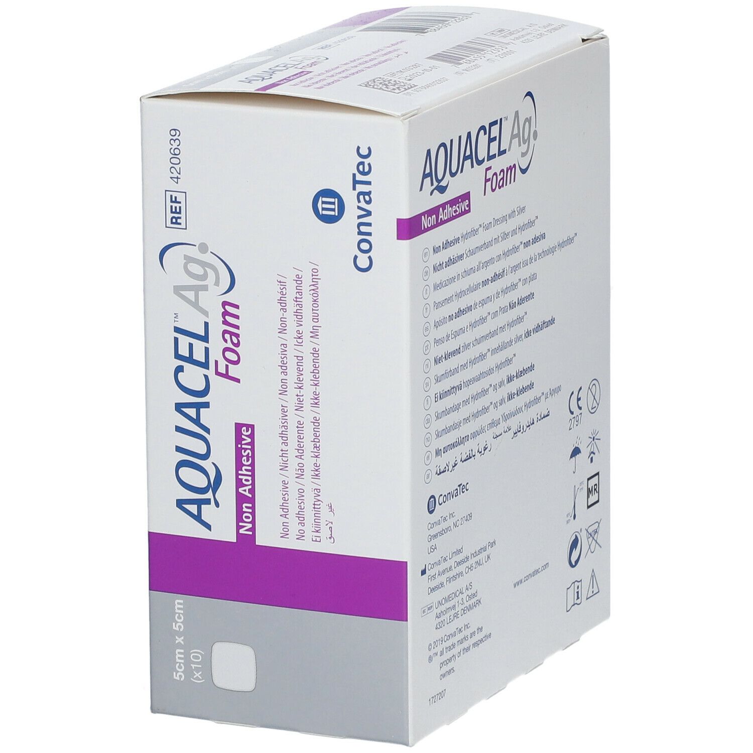 Verpakking Aquacel Ag Foam, niet-klevend. Vierkant 5x5cm. Merk en productnaam zichtbaar.