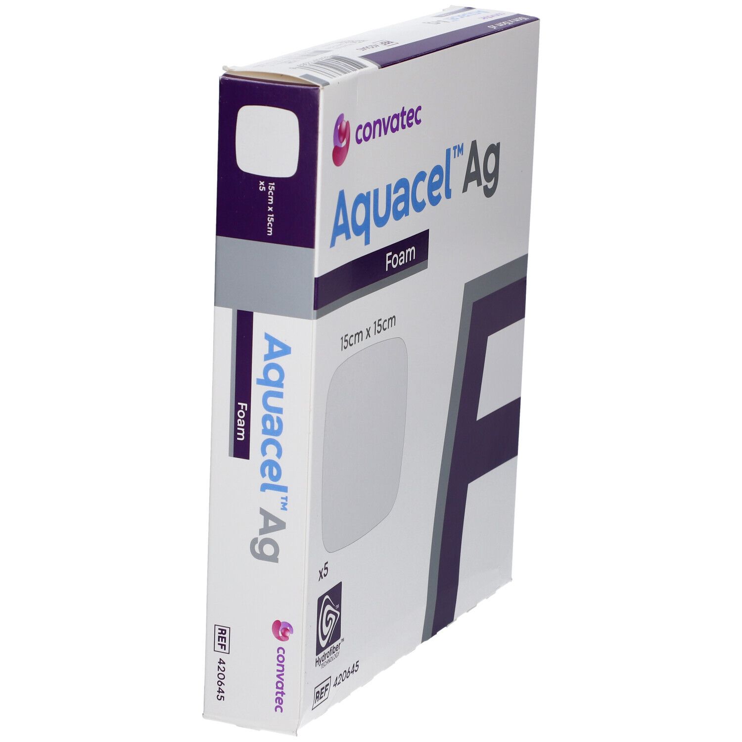 Verpakking Aquacel Ag Foam, 15x15cm. Merk Convatec. Bevat 5 stuks. Zijaanzicht.