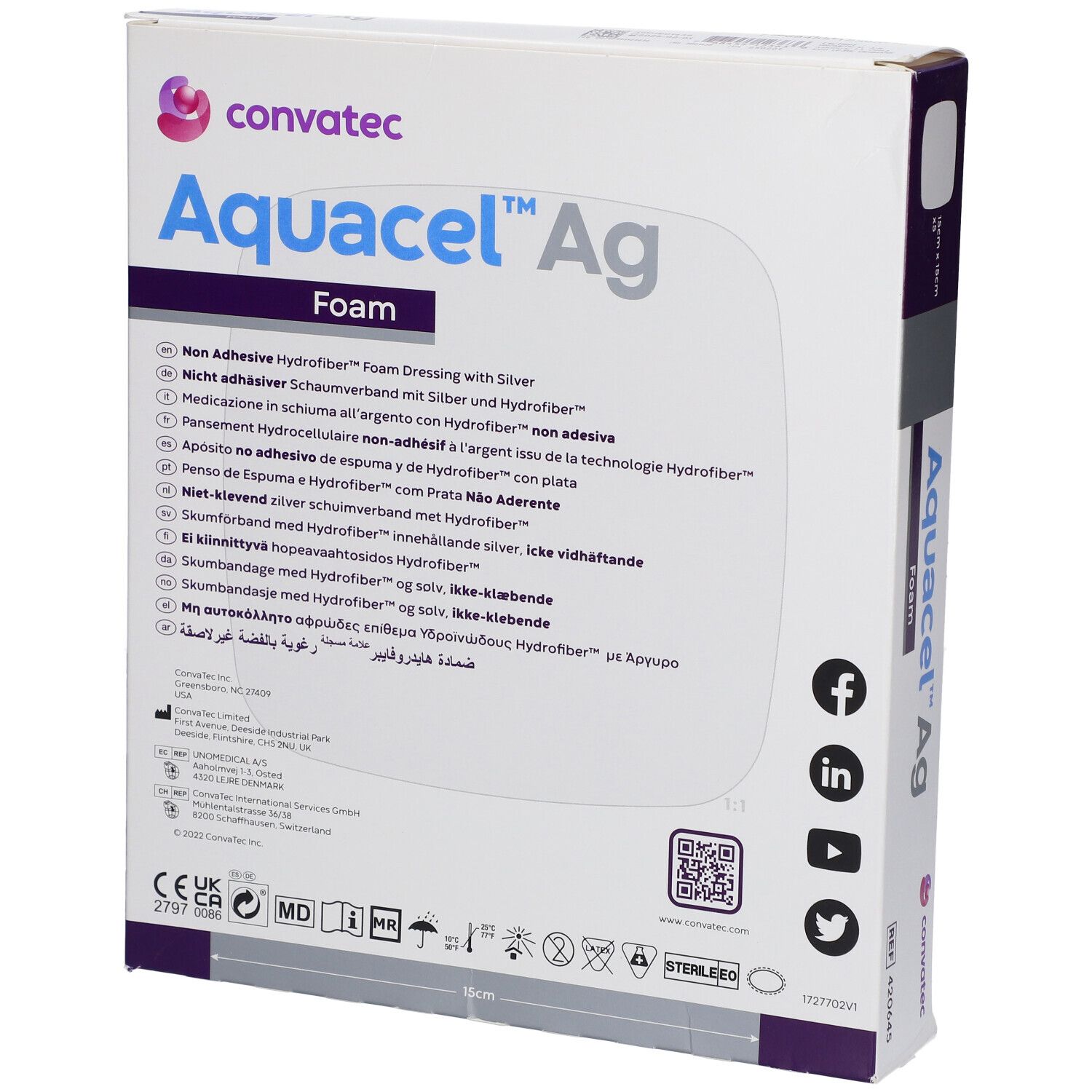 Achterkant verpakking Aquacel Ag Foam. Meertalige productinfo. Convatec logo.