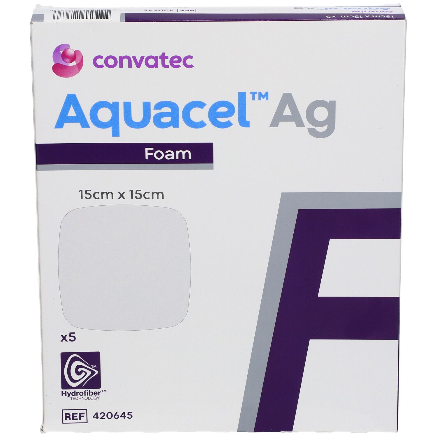 Verpakking Aquacel Ag Foam, 15x15cm. Bevat 5 stuks. Merk Convatec. Hydrofiber technologie.
