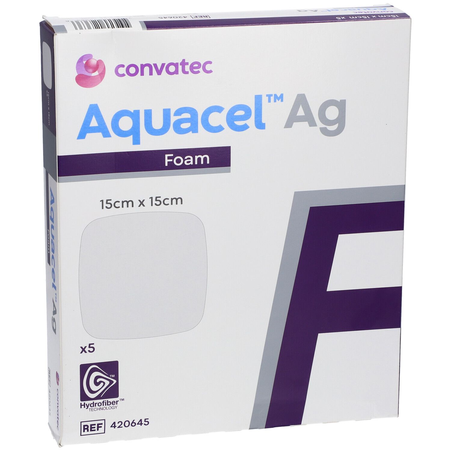 Verpakking Aquacel Ag Foam, 15x15cm. Bevat 5 stuks. Merk Convatec. Hydrofiber technologie.